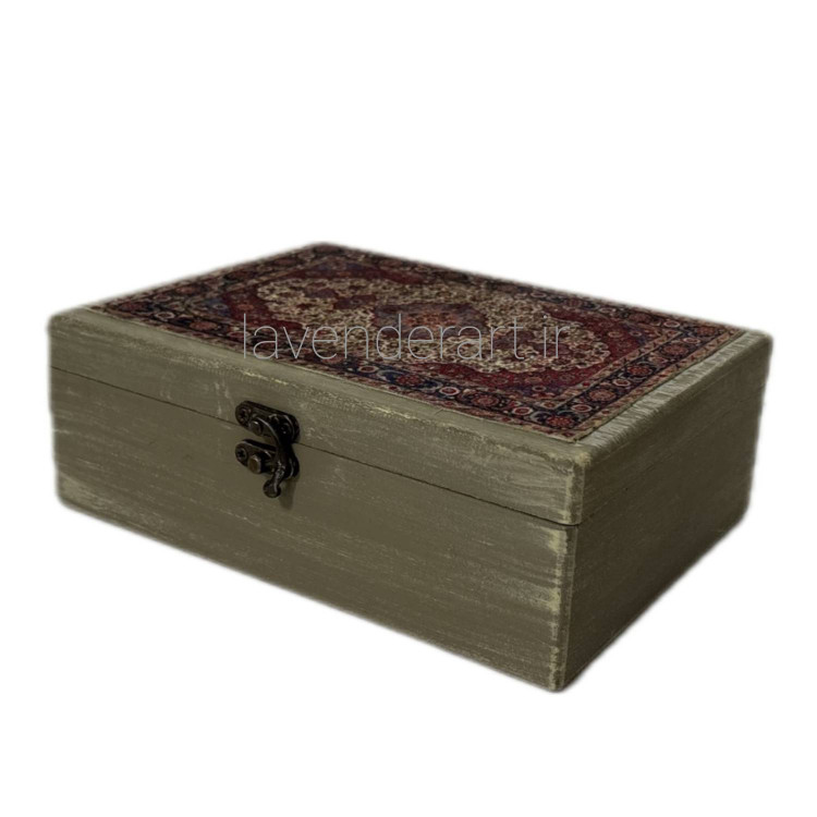 جعبه چوبی کوچک سبز با دکوپاژ مخمل فرش ایرانی ابعاد 20*15*7 سانتی متر