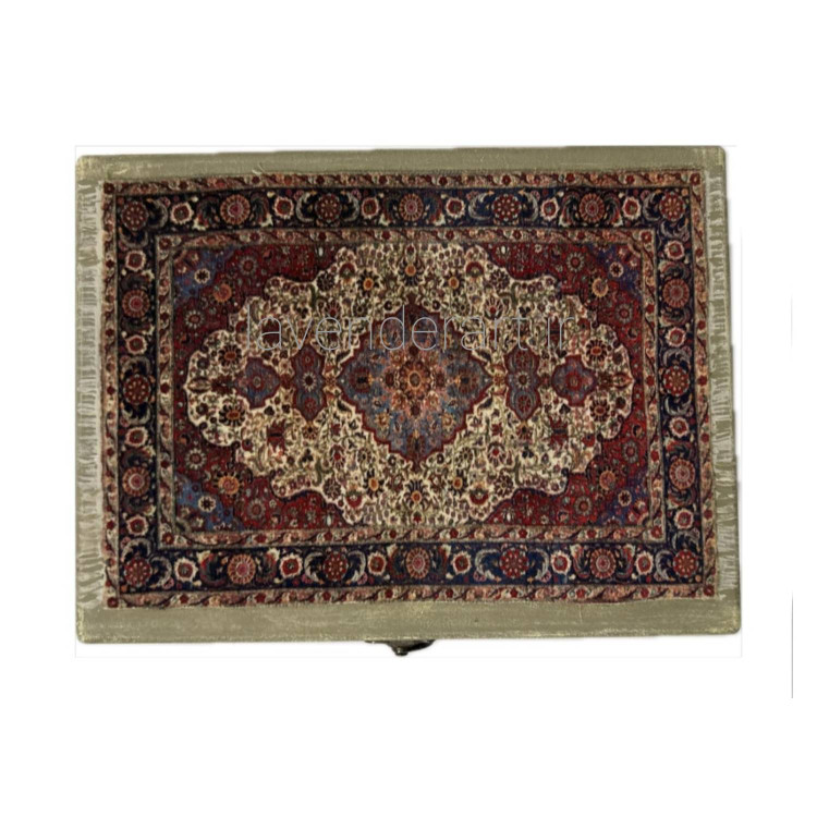 جعبه چوبی کوچک سبز با دکوپاژ مخمل فرش ایرانی ابعاد 20*15*7 سانتی متر
