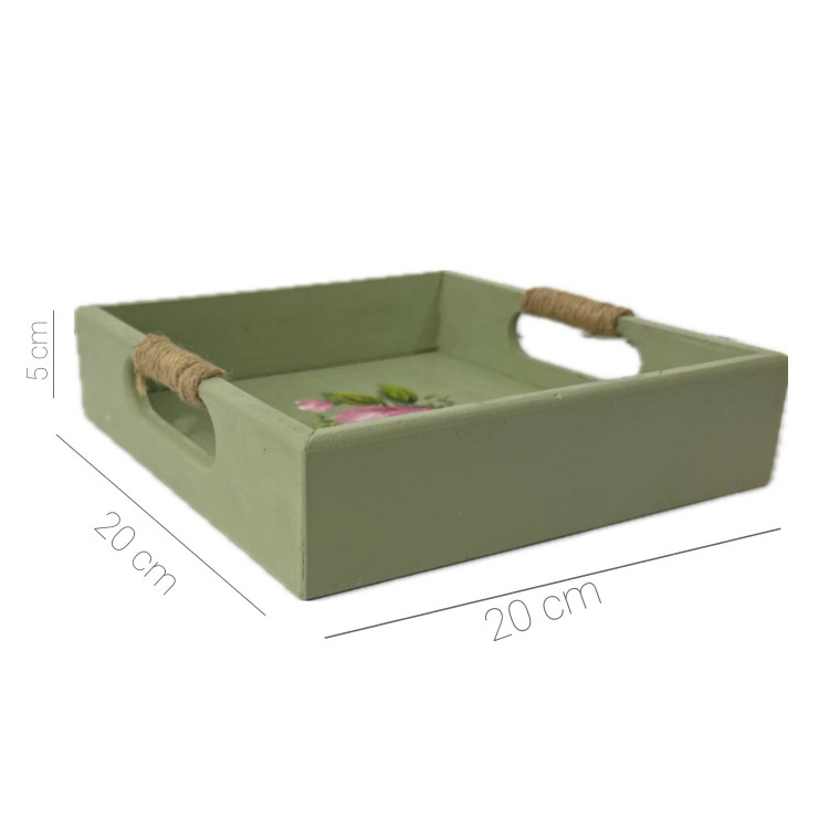سینی چوبی خاص نقاشی شده با دسته کنفی رنگ سبز با گل رز ابعاد 20*20 سانتی متر