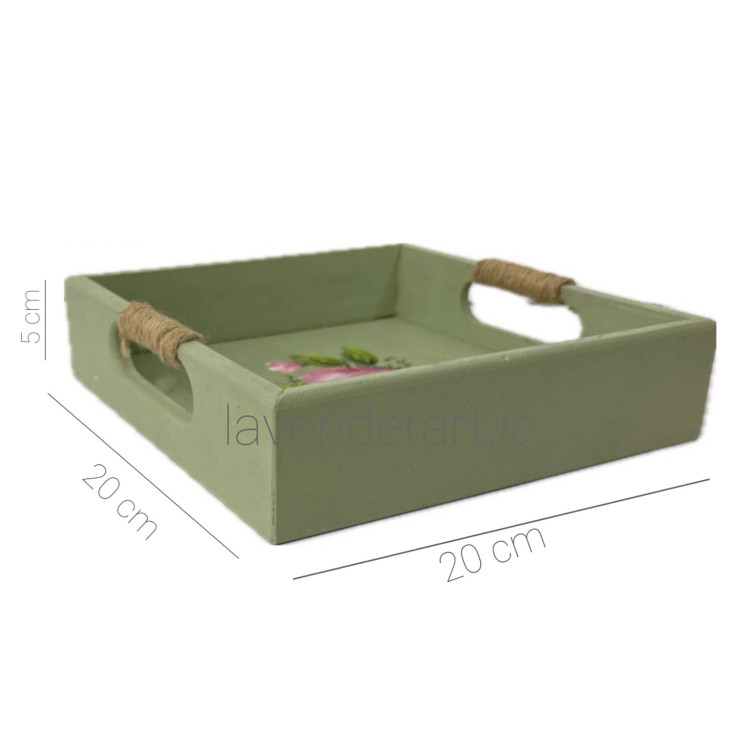سینی چوبی خاص نقاشی شده با دسته کنفی رنگ سبز با گل رز ابعاد 20*20 سانتی متر