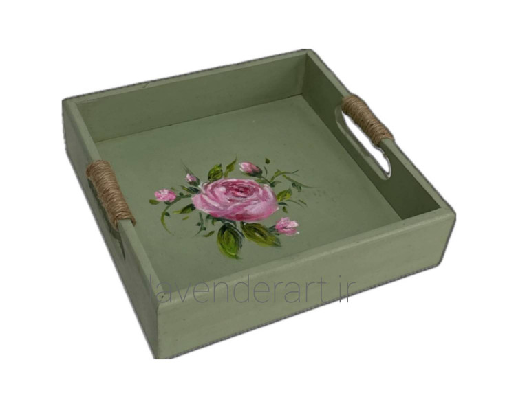 سینی چوبی خاص نقاشی شده با دسته کنفی رنگ سبز با گل رز ابعاد 20*20 سانتی متر