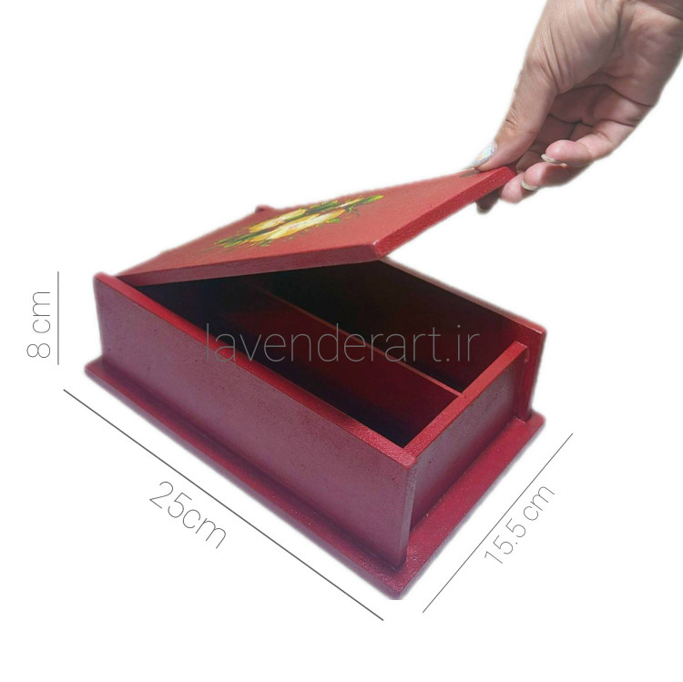 جعبه کارد و چنگال رومیزی چوبی یا جعبه تیبگ قرمز با نقاشی گل بنفشه ابعاد 8*25*15 سانتی متر