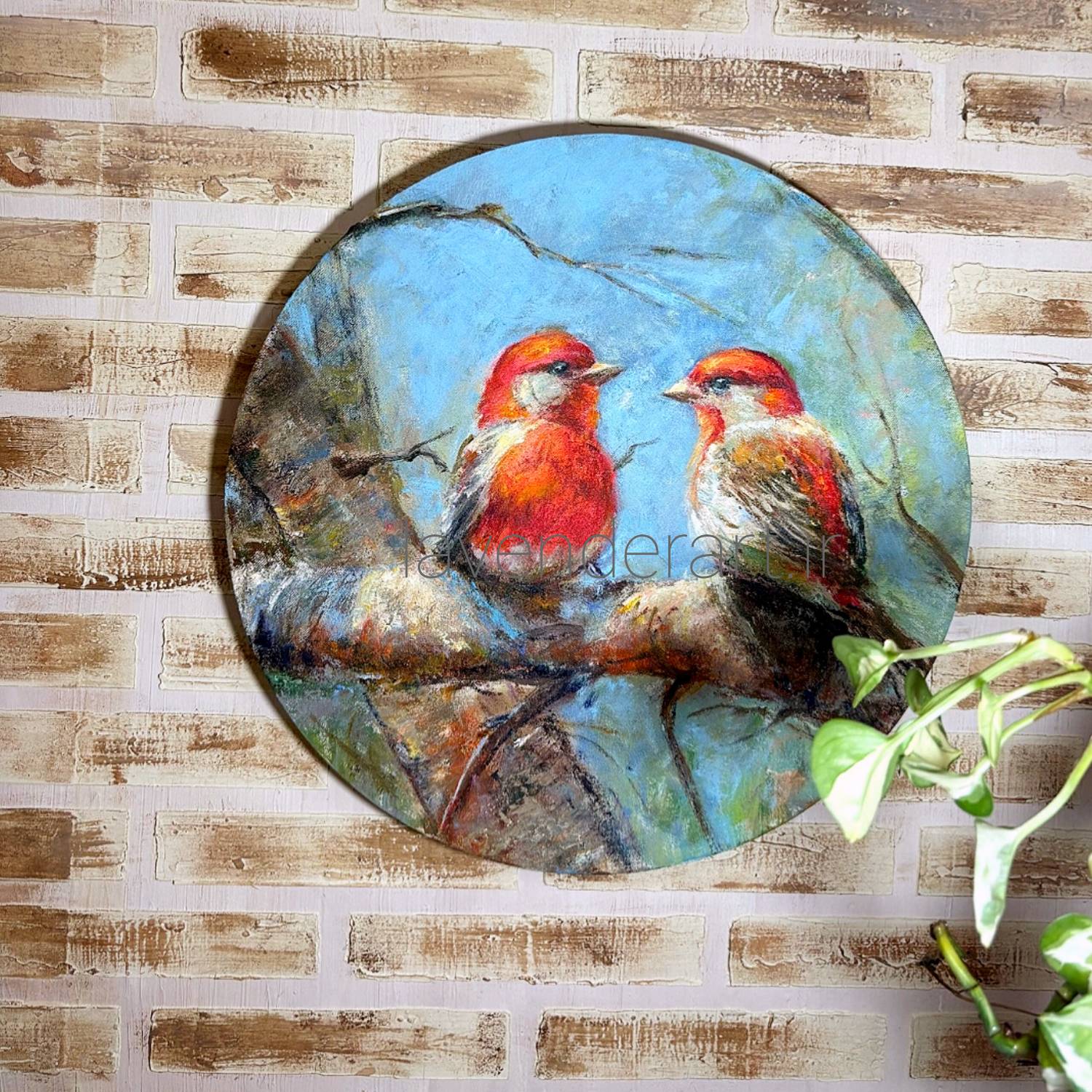 تابلو نقاشی رنگ روغن پرنده و درخت روی بوم گرد طرح دو پرنده قطر 30 سانتی متر
