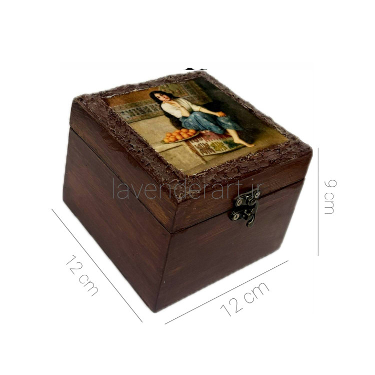 جعبه جواهرات چوبی کوچک قفل دار دکوپاژ مخمل دختر ایرونی ابعاد 12*12*9 سانتی متر