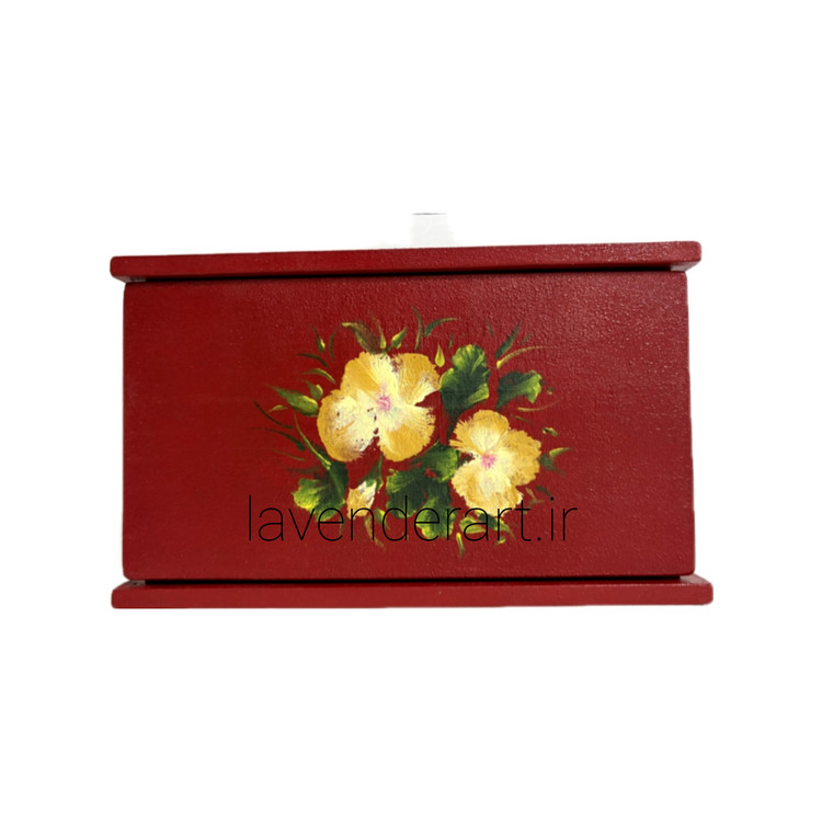 جعبه کارد و چنگال رومیزی چوبی یا جعبه تیبگ قرمز با نقاشی گل بنفشه ابعاد 8*25*15 سانتی متر