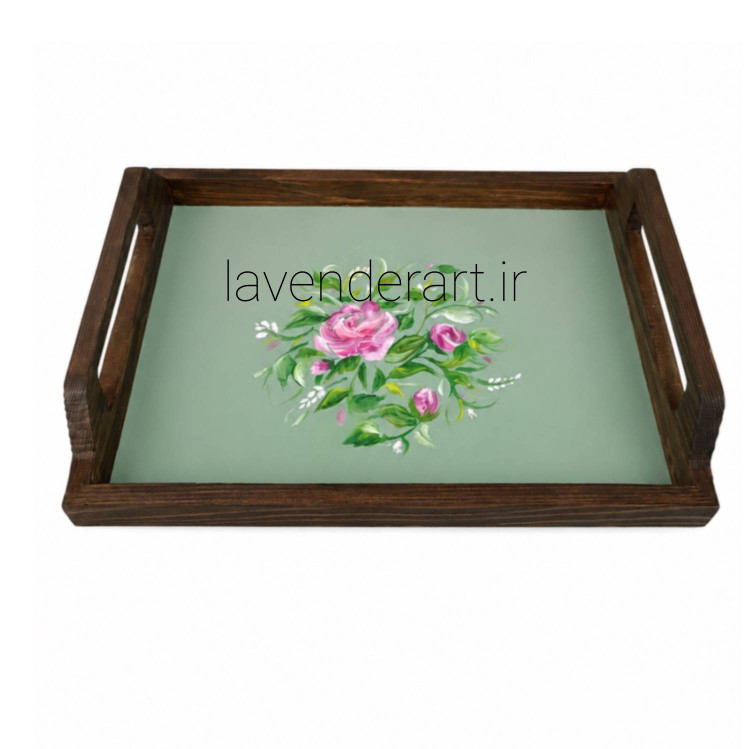 سینی چوبی خاص نقاشی گل رز دسته دار چوب روس ابعاد 40*28 سانتی متر