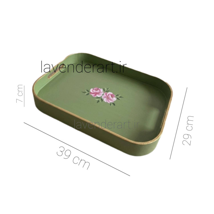 سینی چوبی پذیرایی رنگ ماچایی با نقاشی رنگ روغن گل رز سایز 29*39