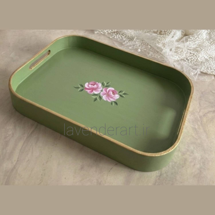 سینی چوبی پذیرایی رنگ ماچایی با نقاشی رنگ روغن گل رز سایز 29*39