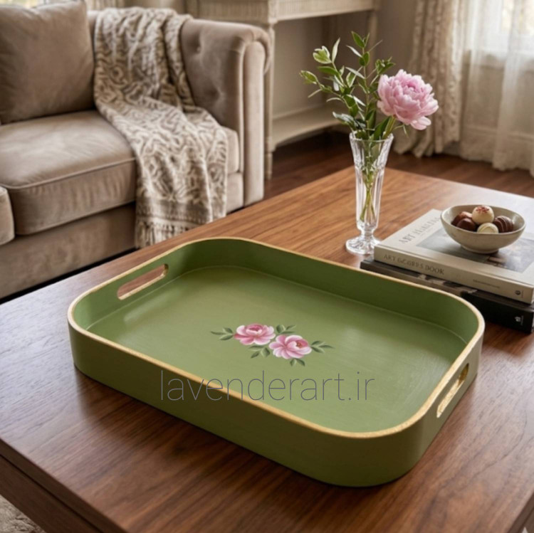 سینی چوبی پذیرایی رنگ ماچایی با نقاشی رنگ روغن گل رز سایز 29*39