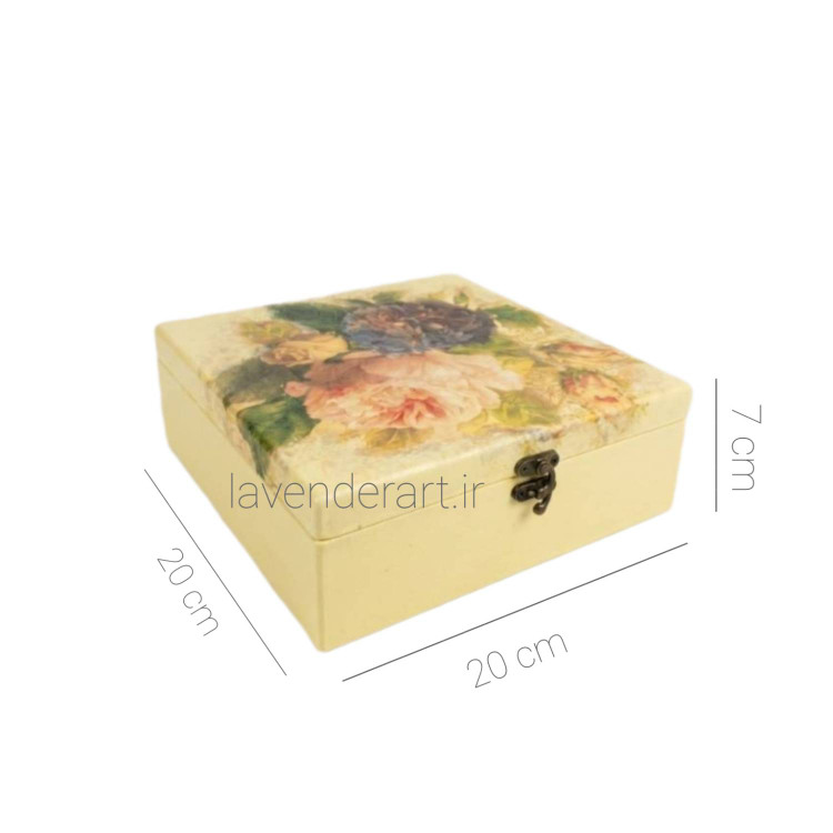 جعبه چوبی متوسط قفل دار با طرح گل صدتومانی ابعاد 20*20*7 سانتی متر