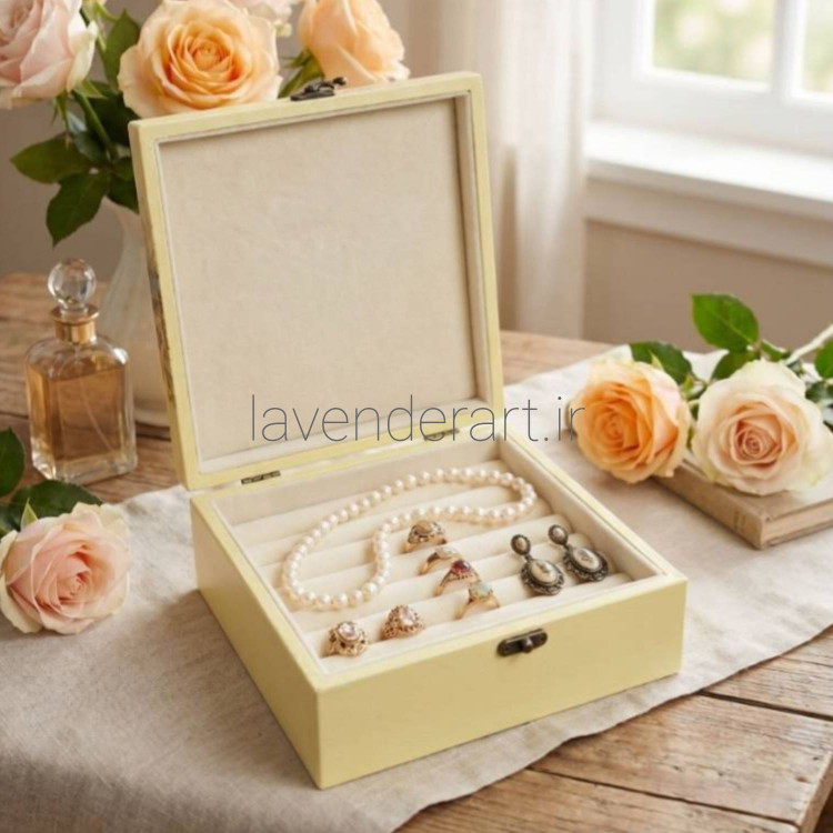 جعبه چوبی متوسط قفل دار با طرح گل صدتومانی ابعاد 20*20*7 سانتی متر