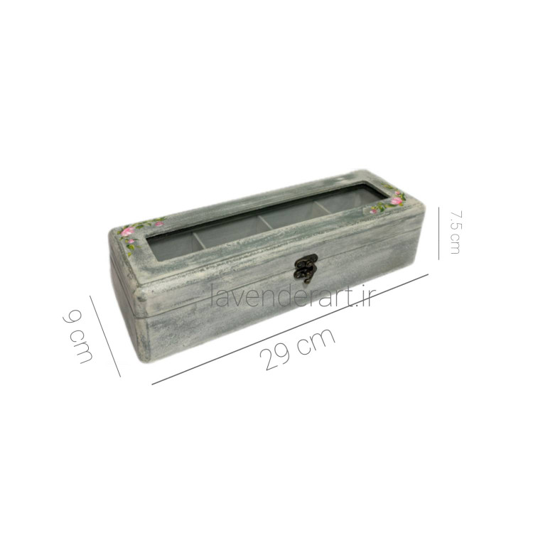 جعبه چوبی تی بگ متوسط قفل دار با طرح گل سرخ ریز 4 قسمتی ابعاد 9*29*7.5 سانتی متر