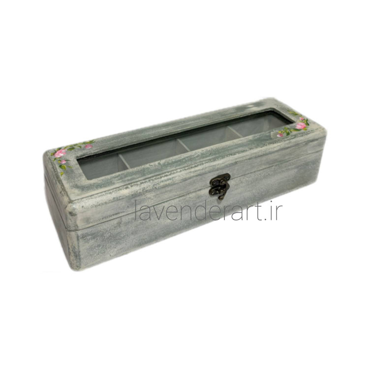 جعبه چوبی تی بگ متوسط قفل دار با طرح گل سرخ ریز 4 قسمتی ابعاد 9*29*7.5 سانتی متر