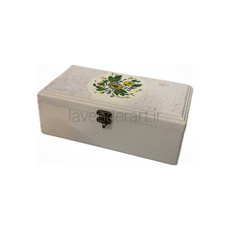 جعبه چوبی تی بگ متوسط قفل دار با نقاشی گل بنفشه ابعاد 12*8*22 سانتی متر