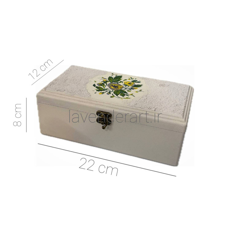 جعبه چوبی تی بگ متوسط قفل دار با نقاشی گل بنفشه ابعاد 12*8*22 سانتی متر