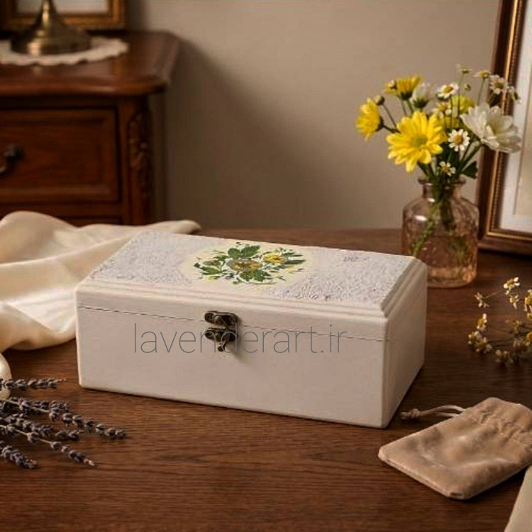 جعبه چوبی تی بگ متوسط قفل دار با نقاشی گل بنفشه 3 قسمتی ابعاد 12*8*22 سانتی متر