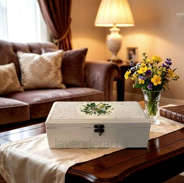 جعبه چوبی تی بگ متوسط قفل دار با نقاشی گل بنفشه ابعاد 12*8*22 سانتی متر