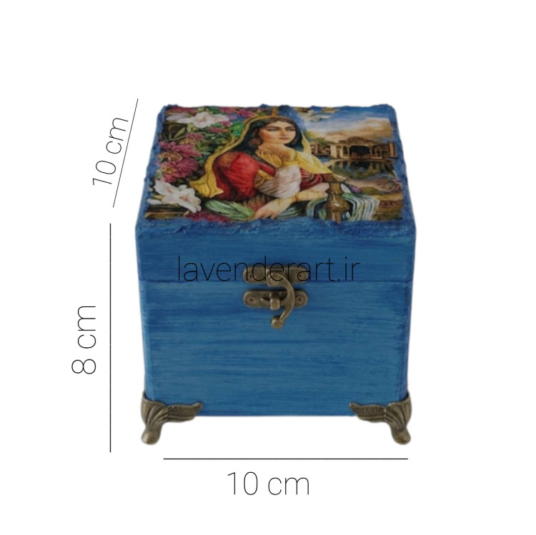 جعبه چوبی کوچک جا جواهری قفل دار آبی با طرح دکوپاژ مخمل بانوی ایرانی ابعاد 10*10*6 سانتی متر