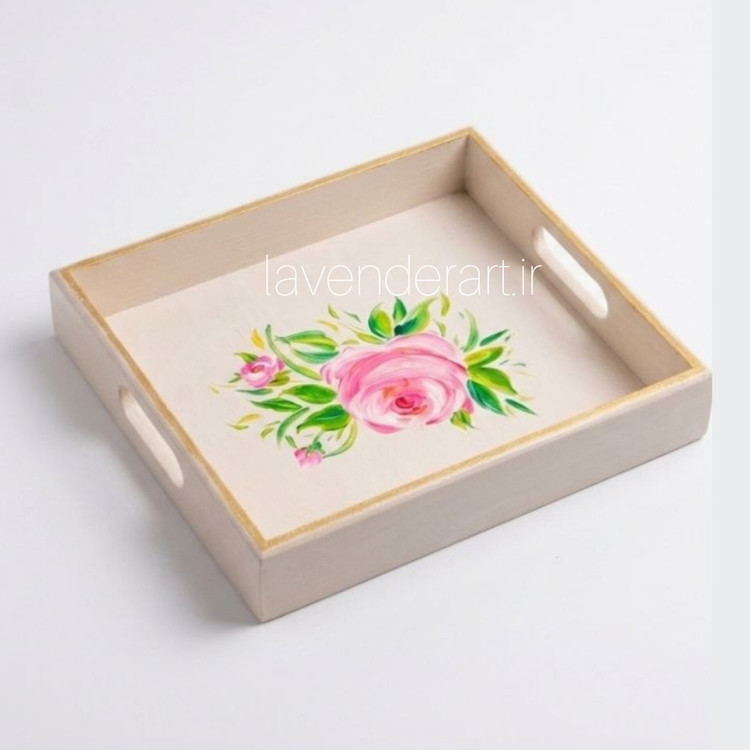 سینی چوبی ام دی اف خاص نقاشی شیری لب طلایی با تک گل رز ابعاد 40*28 سانتی متر