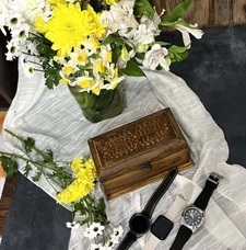 جعبه چوبی مستطیل طرح منبت و چوب