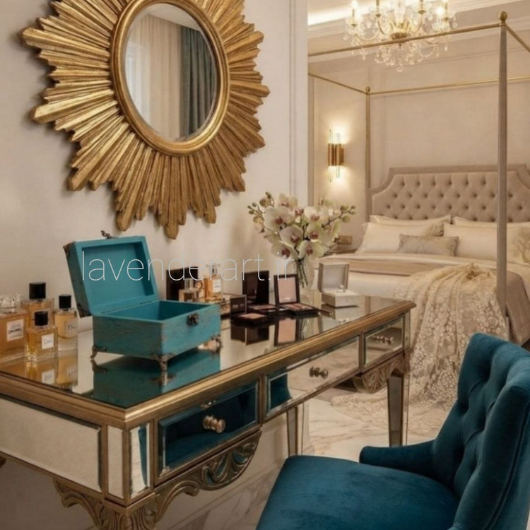 جعبه چوبی کوچک جاجواهرات قفل دار فیروزه ای با طرح دکوپاژ مخمل زن روس ابعاد 12*12*6 سانتی متر