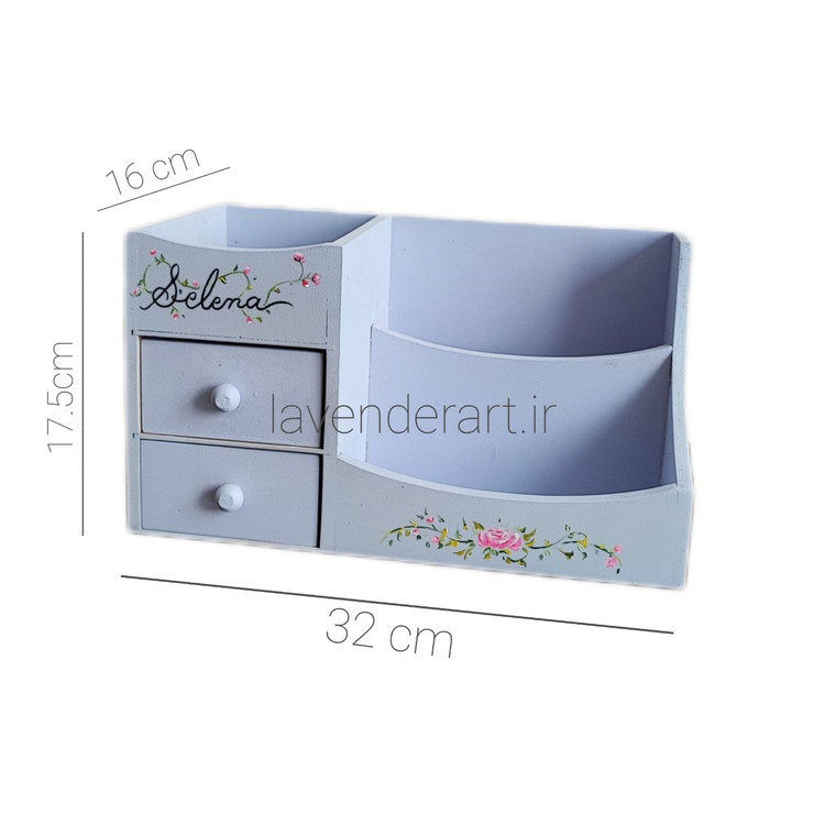 استند چوبی رومیزی لوازم آرایش و زیورآلات دارای 3 باکس و 2 کشو طراحی اختصاصی