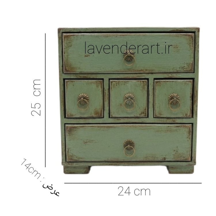 مینی دراور یا کشو رومیزی یا فایل چوبی پنج کشو پایه دار چوبی ابعاد 25*24*14 سانتی متر