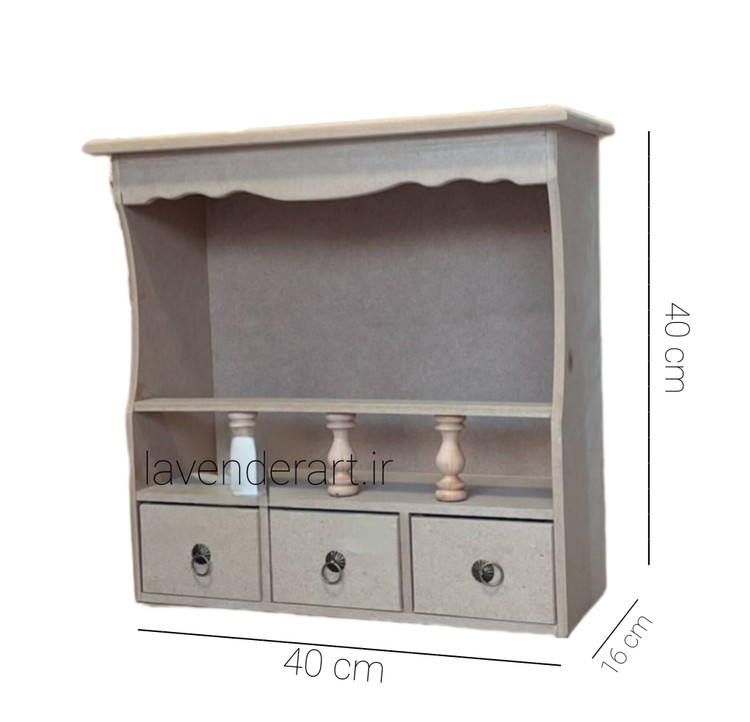کنسول جا ادویه یا کافی بار یا شلف رومیزی یا استند چوبی خام دکوراتیو سه کشو ابعاد 40*40*16 سانتی متر