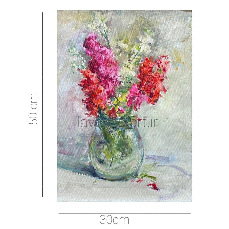 تابلو نقاشی رنگ روغن کوچک با عنوان گل های شب بو روی بوم ابعاد 50*30 سانتی متر