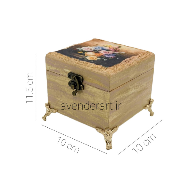 جعبه چوبی کوچک قفل دار با پتینه مخمل طرح گل ابعاد 11*10*10 سانتی متر