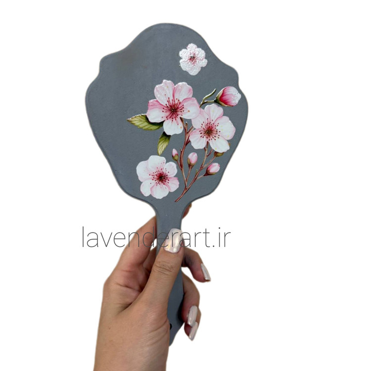 آینه دستی فانتزی چوبی با طرح شکوفه گیلاس