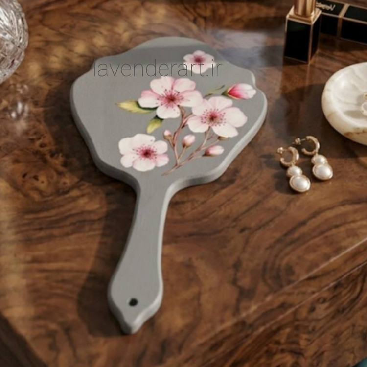 آینه دستی فانتزی چوبی با طرح شکوفه گیلاس
