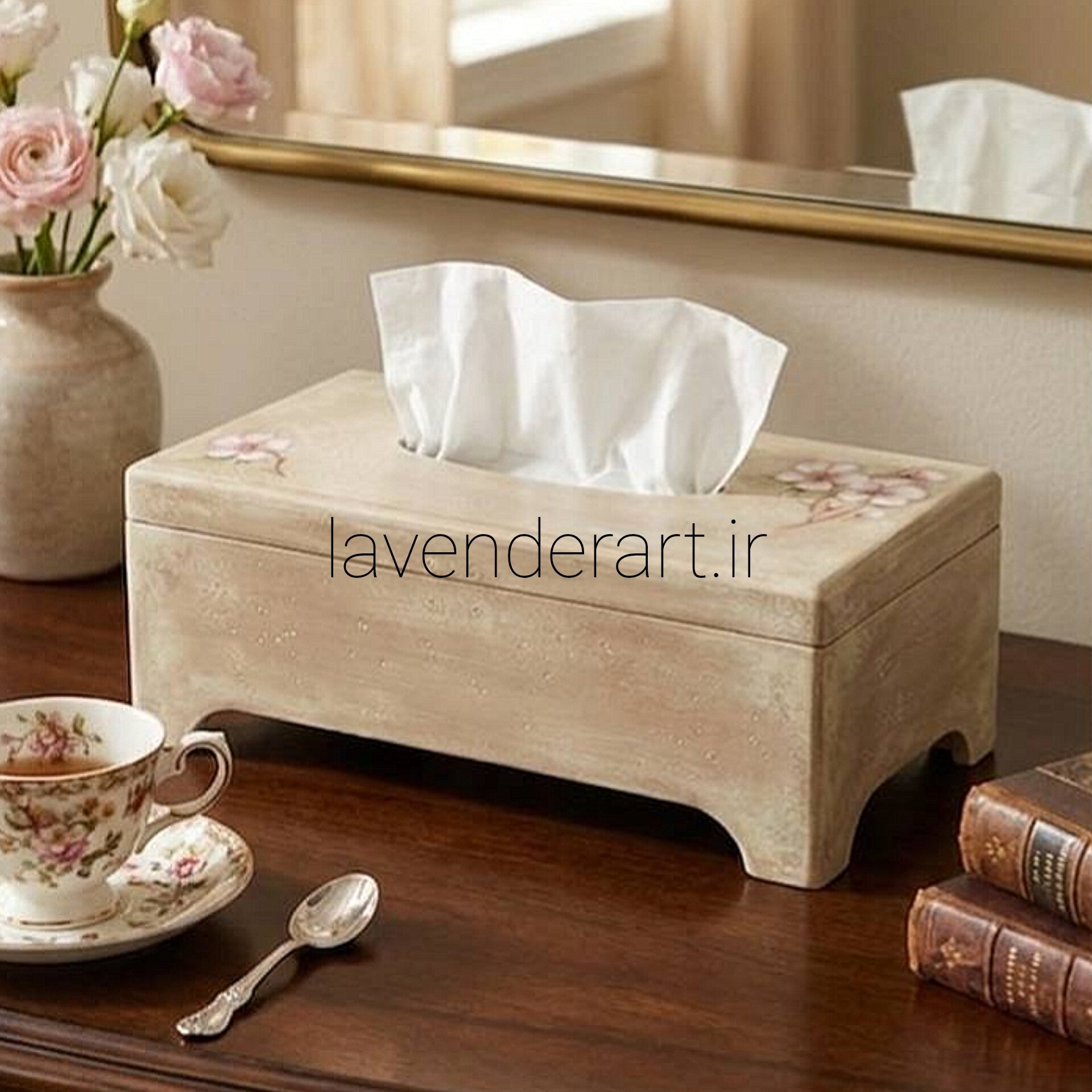 جعبه دستمال کاغذی چوبی طرح شکوفه گیلاس