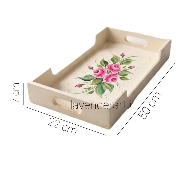 سینی چوبی پذیرایی با نقاشی رنگ روغن گل سرخ ابعاد 50*22 سانتی متر