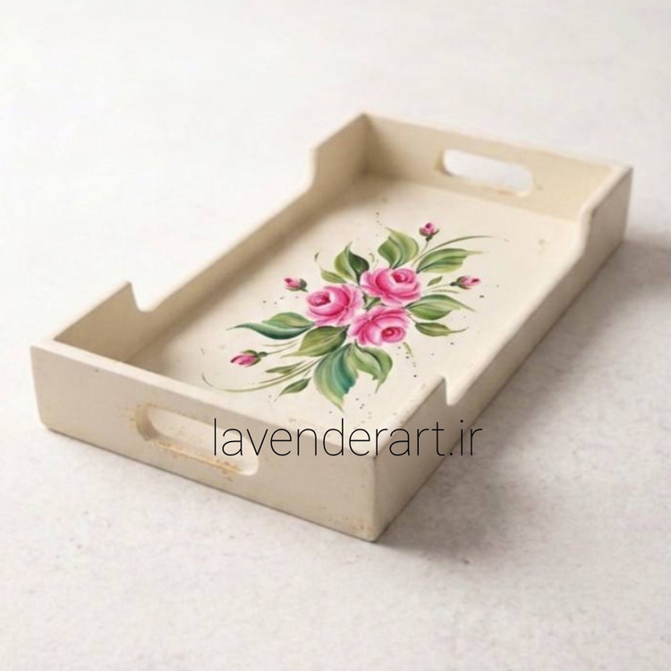 سینی چوبی پذیرایی با نقاشی رنگ روغن گل سرخ ابعاد 50*22 سانتی متر