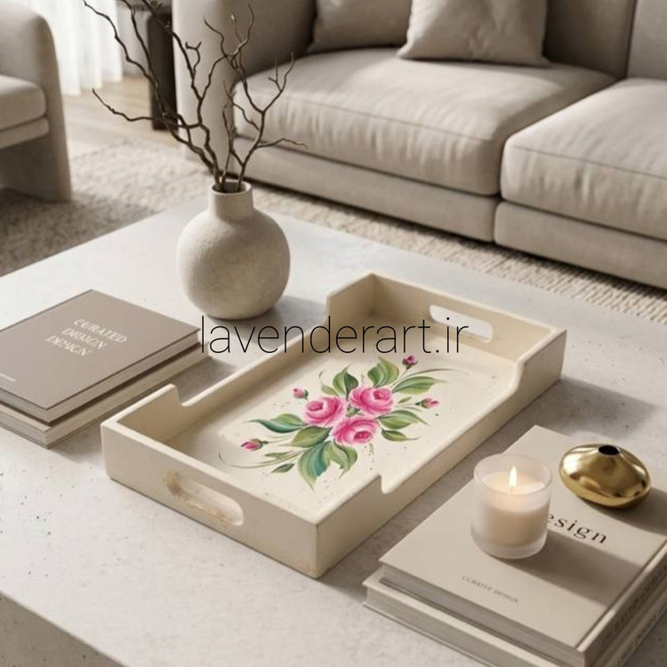 سینی چوبی پذیرایی با نقاشی رنگ روغن گل سرخ ابعاد 50*22 سانتی متر