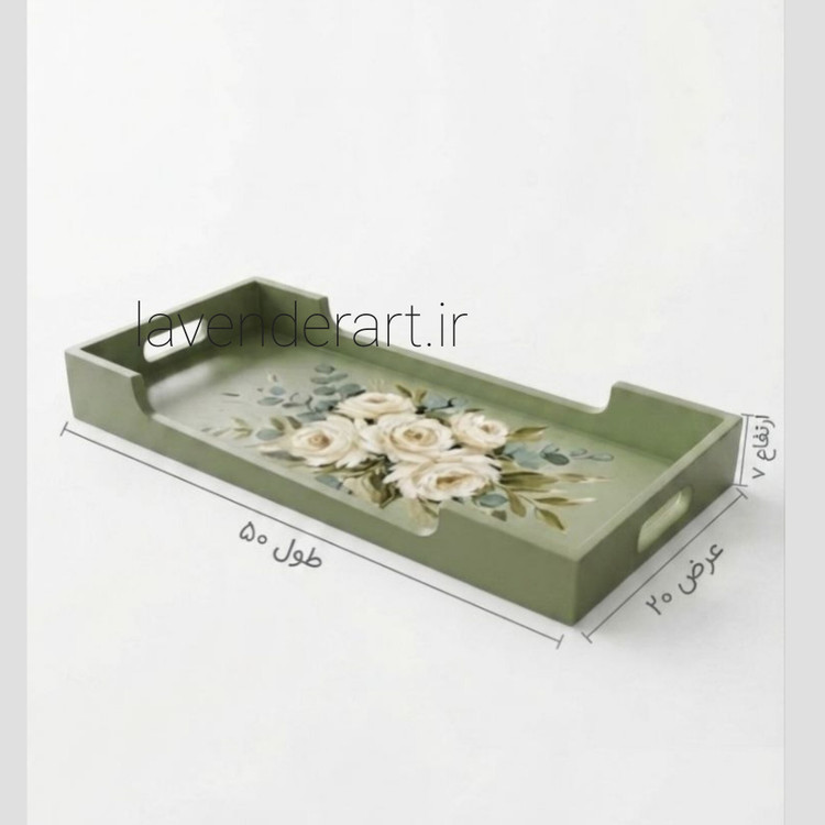 سینی چوبی پذیرایی با دکوپاژ ضدآب گل های سفید ابعاد 50*20 سانتی متر