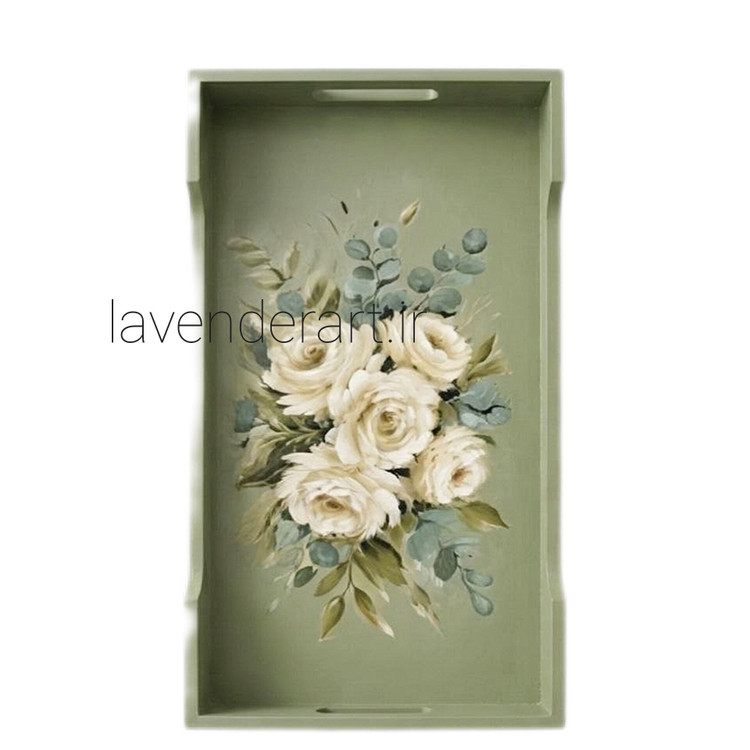 سینی چوبی پذیرایی با دکوپاژ ضدآب گل های سفید ابعاد 50*20 سانتی متر