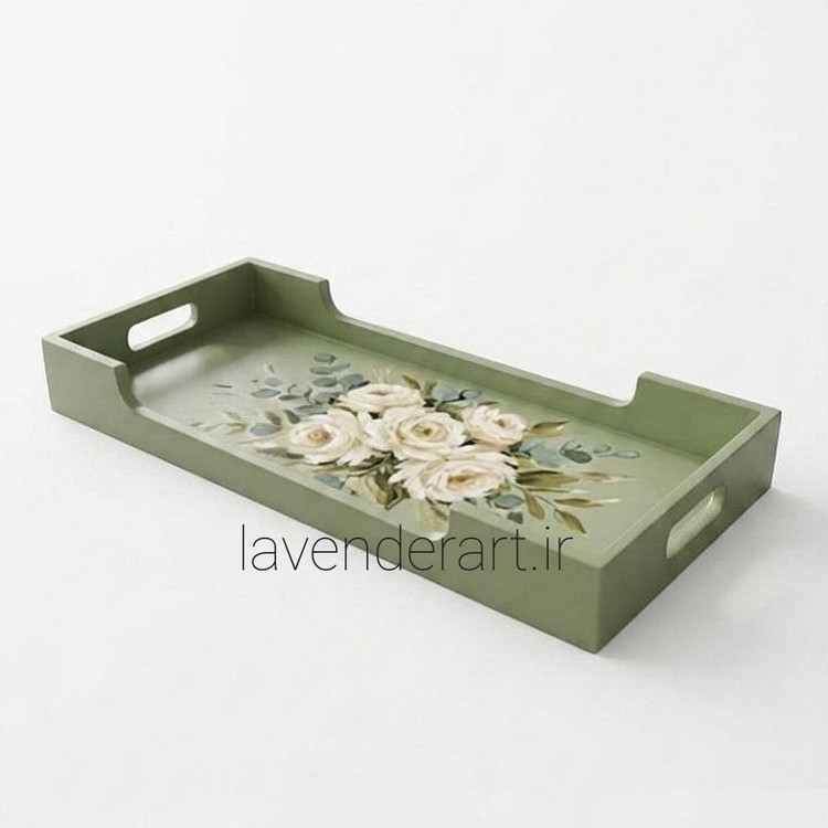 سینی چوبی پذیرایی با دکوپاژ ضدآب گل های سفید ابعاد 50*20 سانتی متر