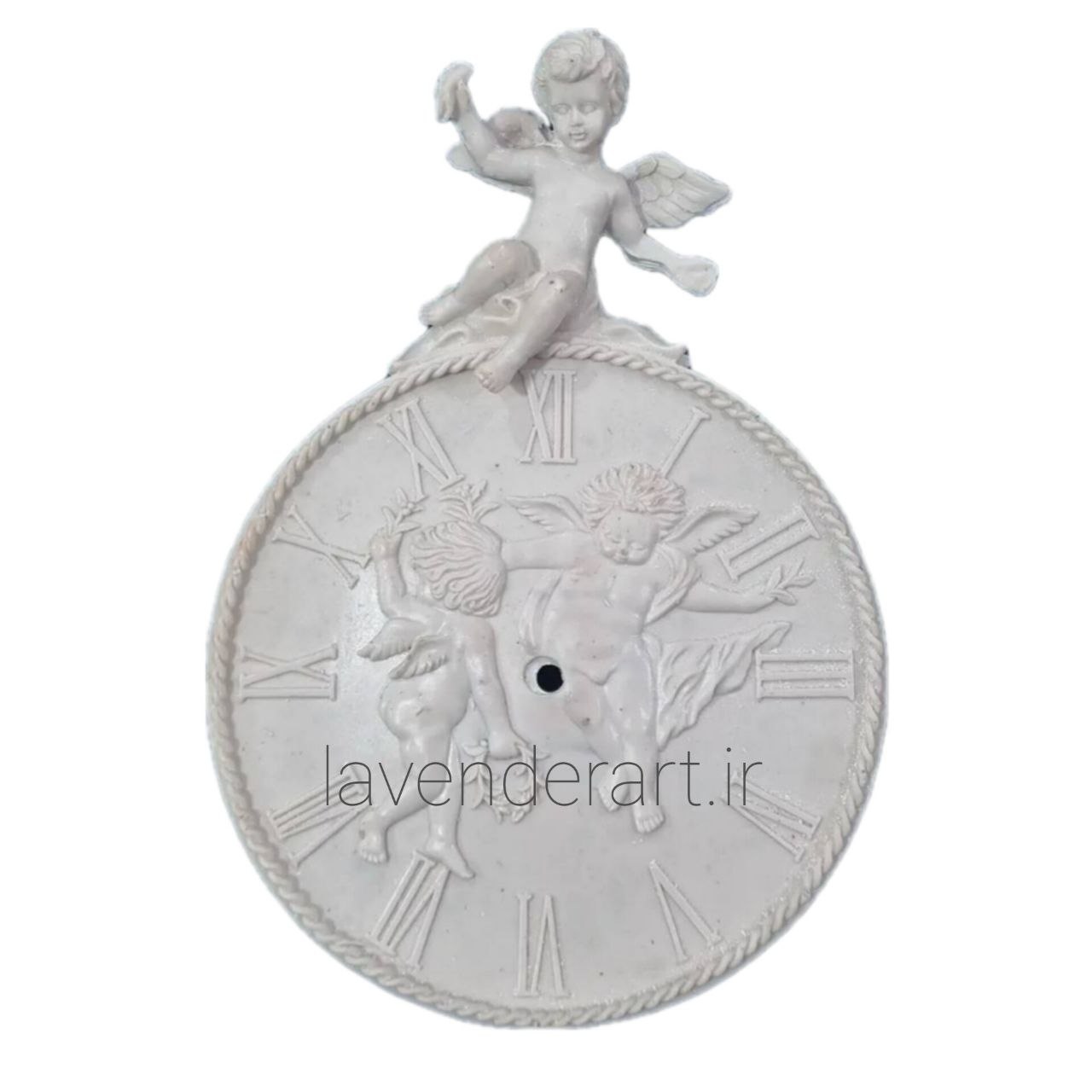 ساعت دیواری گرد کلاسیک و لوکس پلی استر خام طرح فرشتگان بالدار ابعاد 26*37 سانتی متر