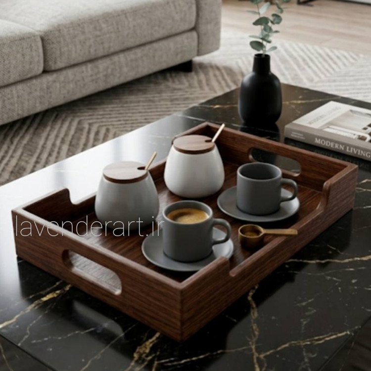 سینی مستطیل چوبی پذیرایی با دکوپاژ ضدآب گل های سفید ابعاد 50*20 سانتی متر