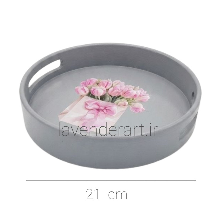 سینی چوبی گرد پذیرایی با دکوپاژ ضدآب دسته گل لاله قطر 20 سانتی متر