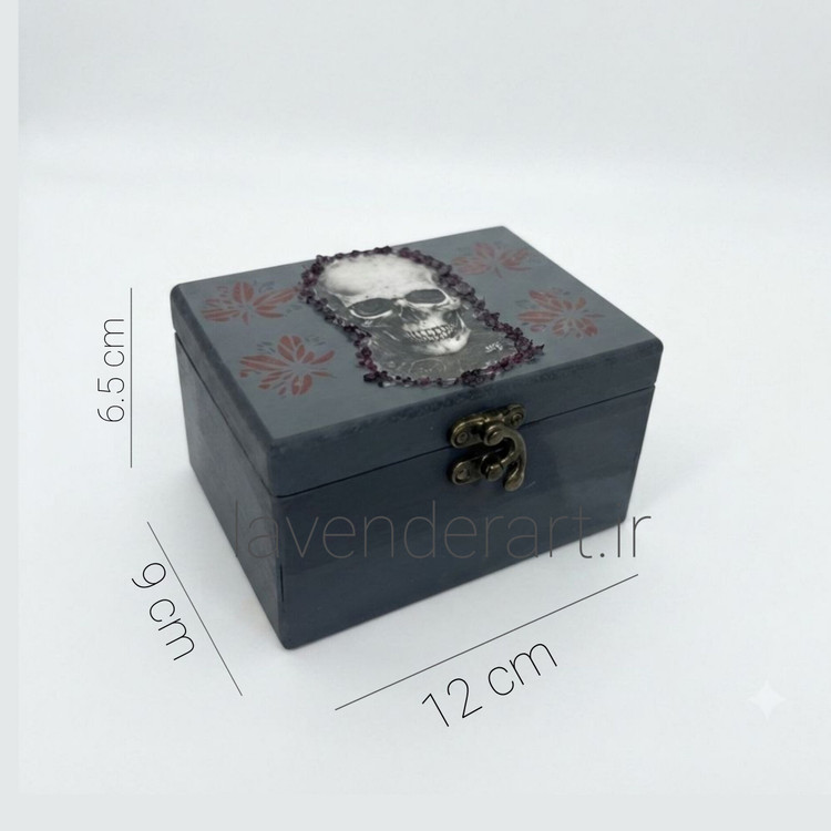 جعبه چوبی کوچک قفل دار فانتزی طرح اسکلت ابعاد 6.5*9*12 سانتی متر