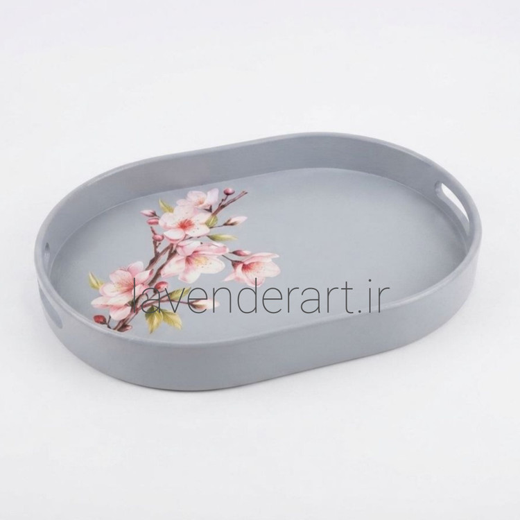 سینی چوبی پذیرایی با دکوپاژ ضدآب طرح شکوفه هلو ابعاد 40*27 سانتی متر