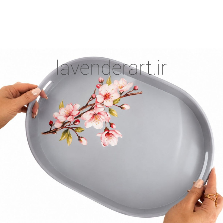 سینی چوبی پذیرایی با دکوپاژ ضدآب طرح شکوفه هلو ابعاد 40*27 سانتی متر
