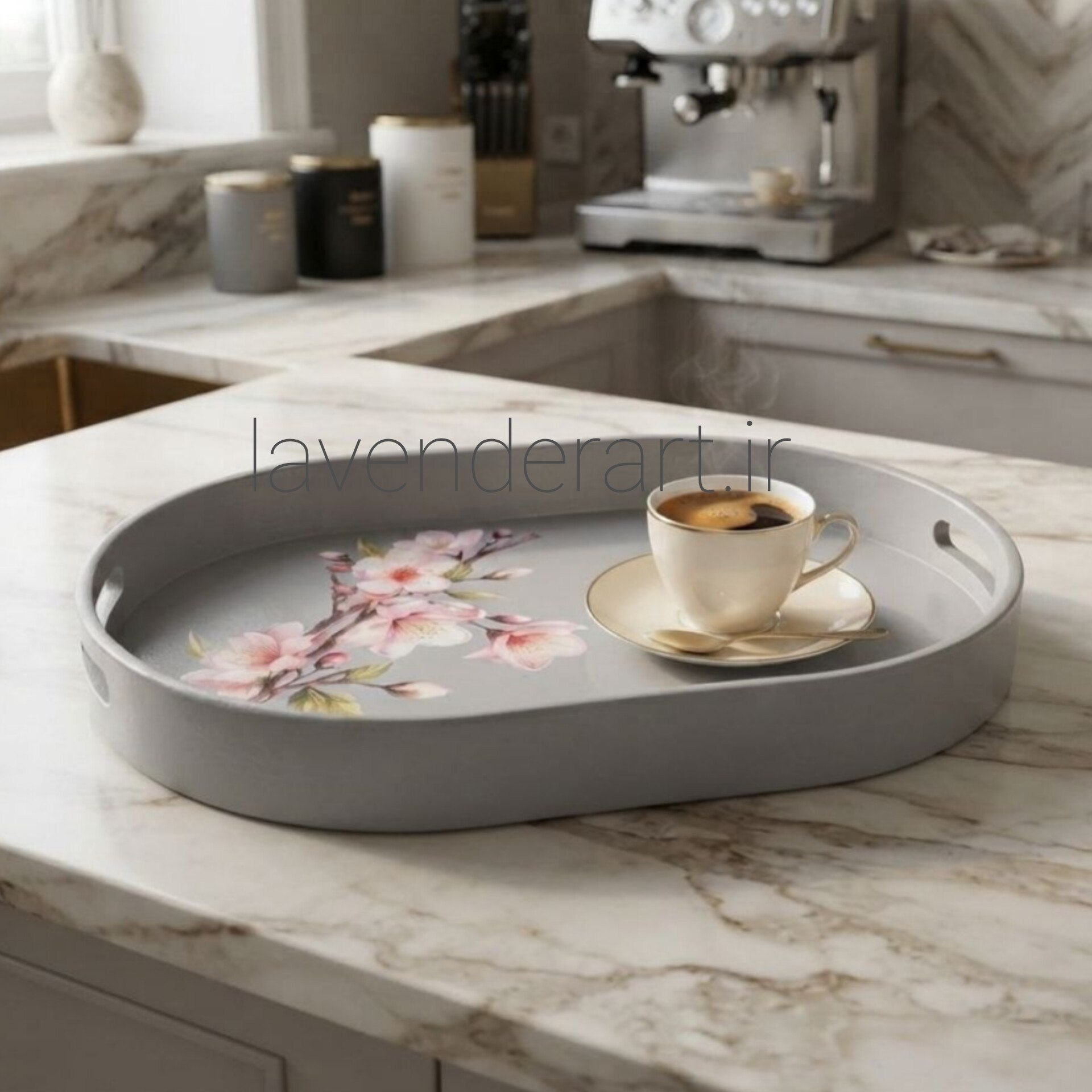 سینی چوبی پذیرایی با دکوپاژ ضدآب طرح شکوفه هلو ابعاد 40*27 سانتی متر
