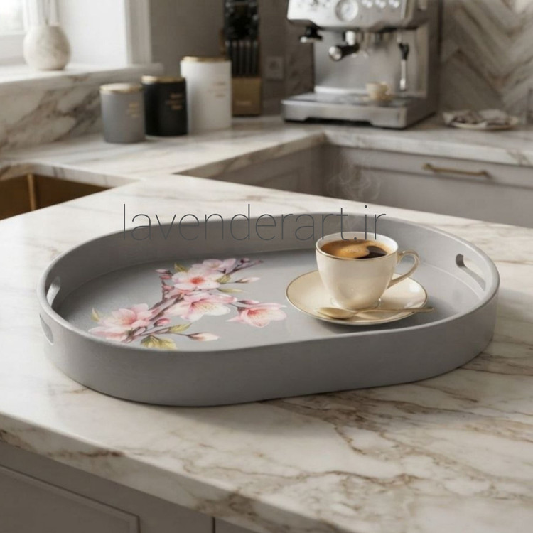 سینی چوبی پذیرایی با دکوپاژ ضدآب طرح شکوفه هلو ابعاد 40*27 سانتی متر