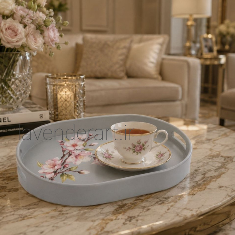 سینی چوبی پذیرایی با دکوپاژ ضدآب طرح شکوفه هلو ابعاد 40*27 سانتی متر