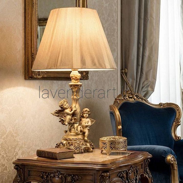 آباژور رومیزی کلاسیک لوکس طرح دو فرشته کوچک بالدار ایستاده پلی استر ارتفاع 45 سانتی متر