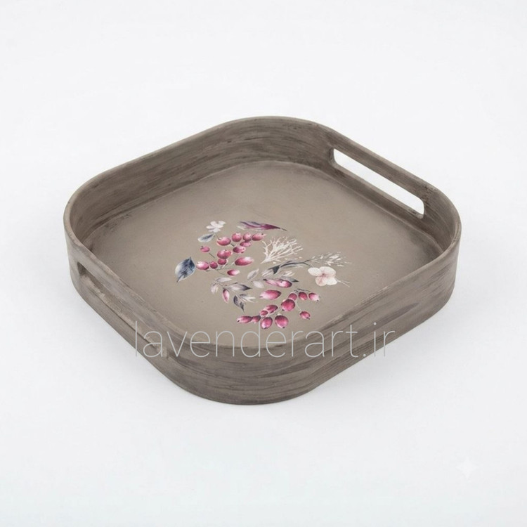 سینی چوبی ام دی اف پذیرایی با دکوپاژ ضدآب طرح گل ابعاد 23*23 سانتی متر